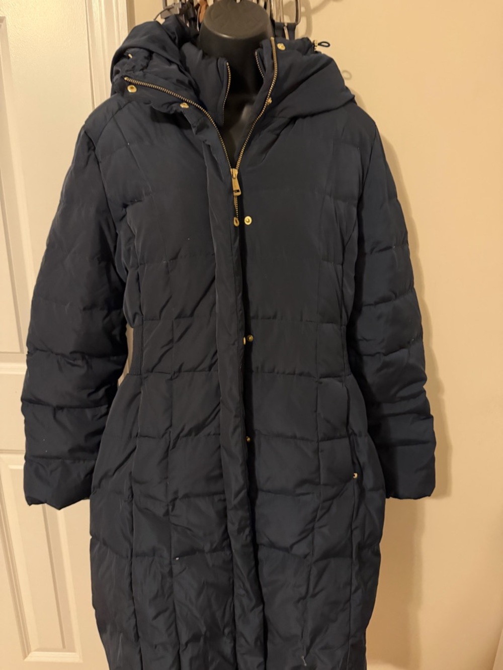 Women's Navy Long Puffer Coat with Hood- size large